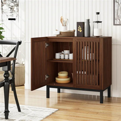 32" Buffet Sideboard Cabinet With 2 Doors, Farmhouse Storage Cabinet (Walnut + Black) With Adjustable Shelf