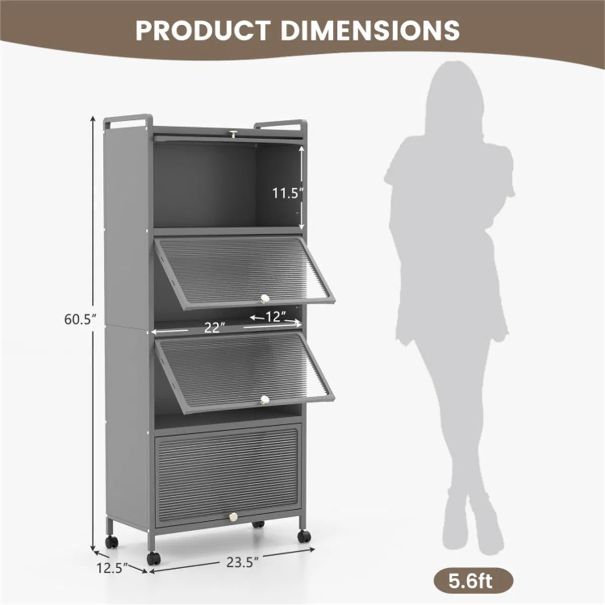 5-Tier Rolling Microwave Stand Flip Dust-Proof Doors 4 Casters with Brakes Kitchen Storage Rack Gray - view 2