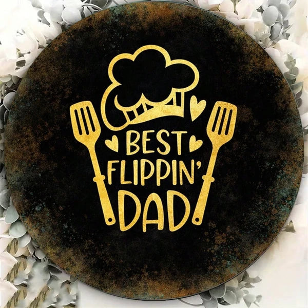 1pc 2D Flat Round Sign Best Flippin Dad Retro Plaque, "Retro Plaque, 8x8in Kitchen Barbecue Decor" Decor - view 4