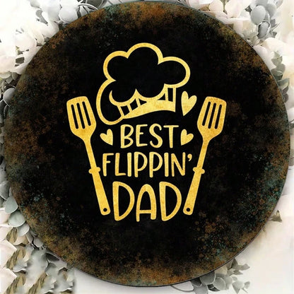 1pc 2D Flat Round Sign Best Flippin Dad Retro Plaque, "Retro Plaque, 8x8in Kitchen Barbecue Decor" Decor - view 4