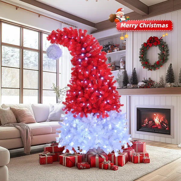 6 FT Santa Hat Style Pre-lit Christmas Tree, Hinged Artificial Xmas Tree Pine Tree With 300 Lights