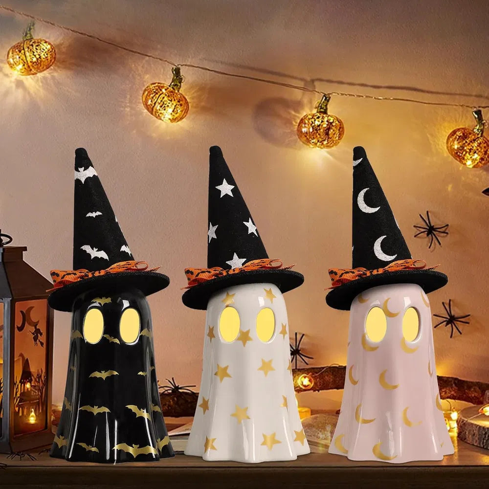 Halloween Decor Indoor, Set Of 3 Ceramic Ghosts With Witch Hats, Cute Spooky Ghost Figurines For Mantel - view 6