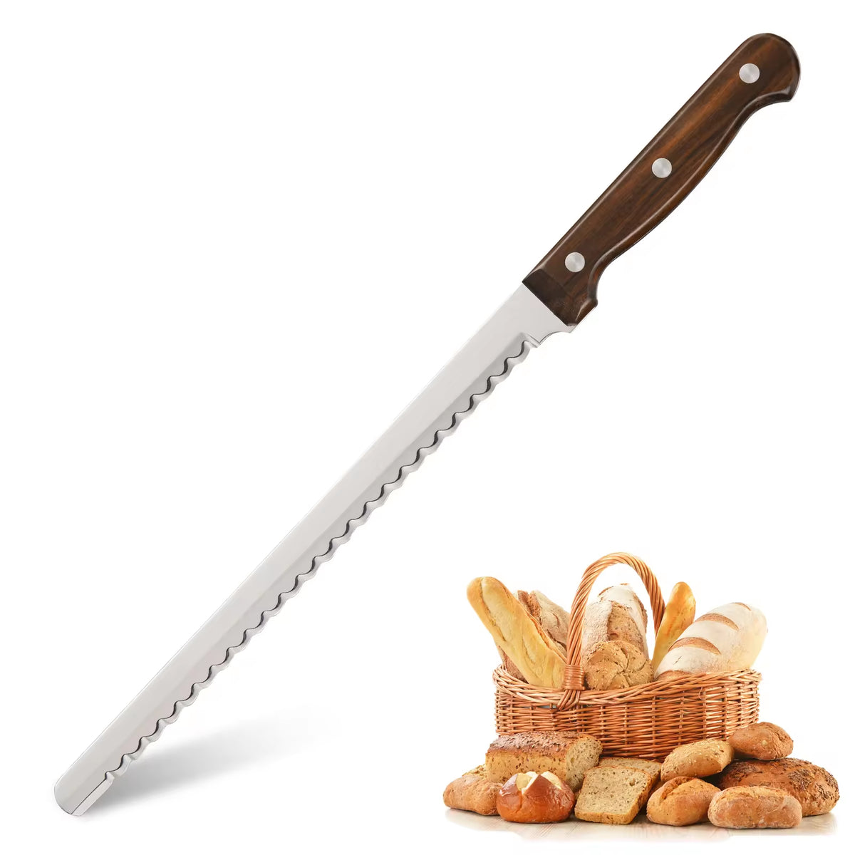 10-Inch Luxury Mirror Polished Carbon Steel Kitchen Bread Knife With Wooden Handle