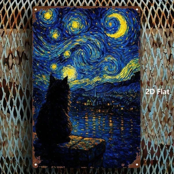 1pc Starry Night Cat Metal Sign 8x12 Inch, Vintage Aesthetic Wall Plaque - view 4