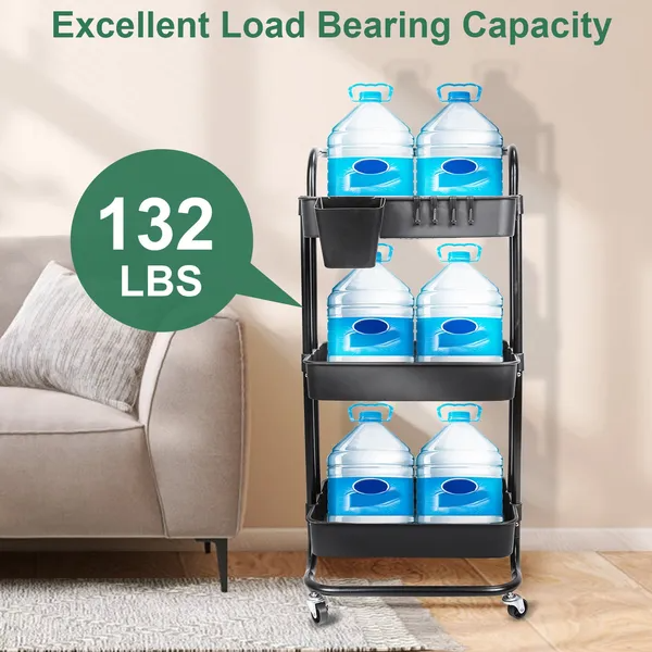 3 Tier Rolling Utility Cart Movable Storage Organizer With Mesh Baskets Lockable Wheels 360 Degree Rotatable Hanging - view 2