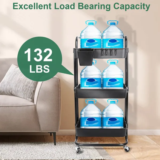 3 Tier Rolling Utility Cart Movable Storage Organizer With Mesh Baskets Lockable Wheels 360 Degree Rotatable Hanging - view 2