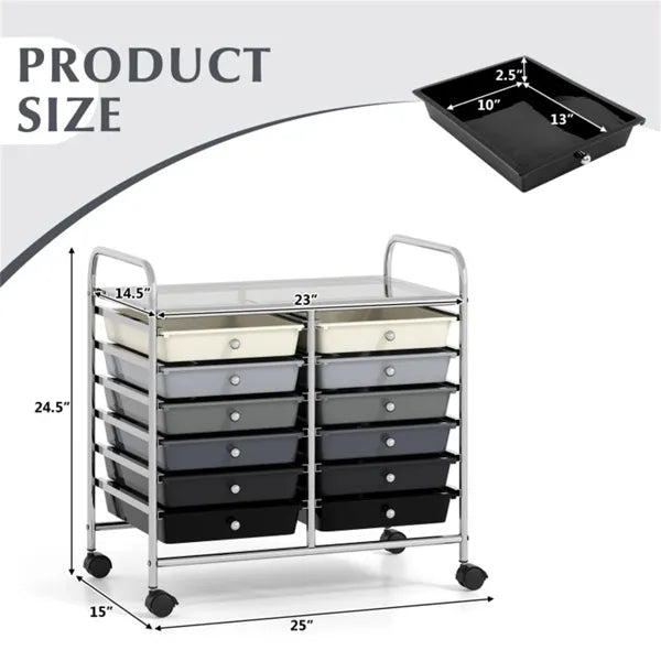 12-Drawer Rolling Storage Cart - 2-Row 10-Storey, Multicolor Drawers, 4 Wheels (2 Brake), -Gray - view 3