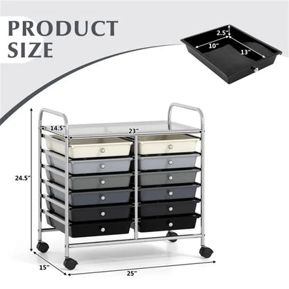 12-Drawer Rolling Storage Cart - 2-Row 10-Storey, Multicolor Drawers, 4 Wheels (2 Brake), -Gray - view 3