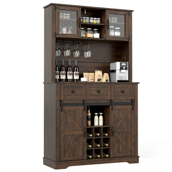 Brown Farmhouse 72" Pantry Cabinet With Hutch, Sliding Barn Doors & Wine Storage Rack