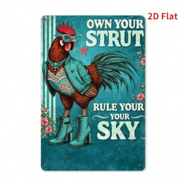 Cute Chicken Rooster Metal Wall Plaque, Farmhouse Style 2D Flat Print Art Decor - view 2