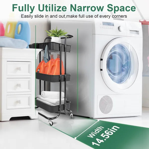 3 Tier Rolling Utility Cart Movable Storage Organizer With Mesh Baskets Lockable Wheels 360 Degree Rotatable Hanging - view 3