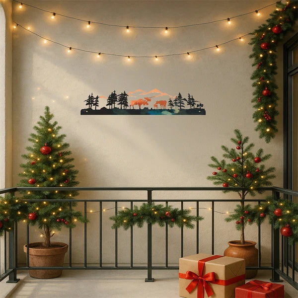 Vintage Moose Winter Forest Christmas Tree Wall Art Iron Decor For Living Room Bedroom Entryway - view 2