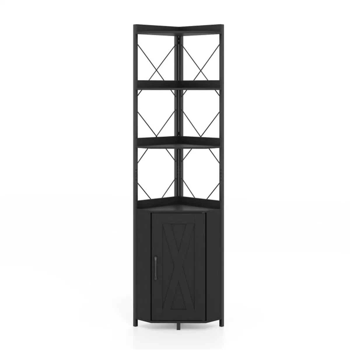 Freestanding Corner Display Shelf, Black Engineered Wood & Metal Bookcase with Concealed Cabinet - view 6