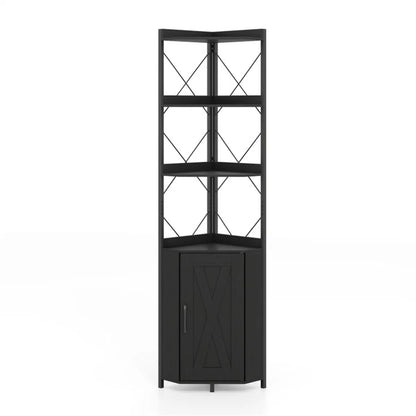 Freestanding Corner Display Shelf, Black Engineered Wood & Metal Bookcase with Concealed Cabinet - view 6