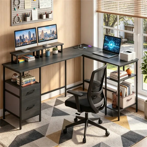 L-Shaped Corner Desk With Charging Station, Reversible Monitor Stand & Foldable Fabric Drawers - view 5
