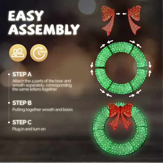 60in Pre-Lit Outdoor Christmas Wreath Decoration, LED Metal Holiday Decor For Home Exterior, Garden W 400 Lights, Bow - view 4