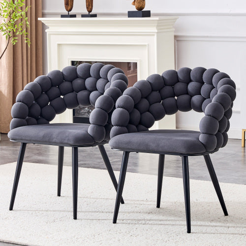 Set Of 2 Gray Puffy Bubble Chair Ball Chain Chair Velvet Dining Chairs With Black Legs - view 8