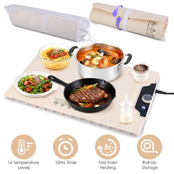 Food Warming Mat 23.6X15.8In 300W Fast Heating Electric Silicone Food Warmer With 14 Temp Levels 10Hrs Timer Settings