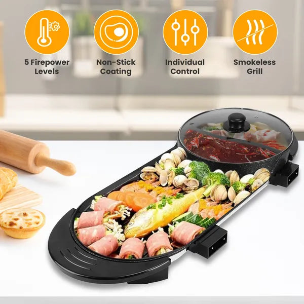 Dual-Electric 2 In 1 Hot Pot & Grill Combo, 2200W Rapid-Heat Indoor, 3.7 QT Non-Stick Hotpot Separate Temp Control - view 3