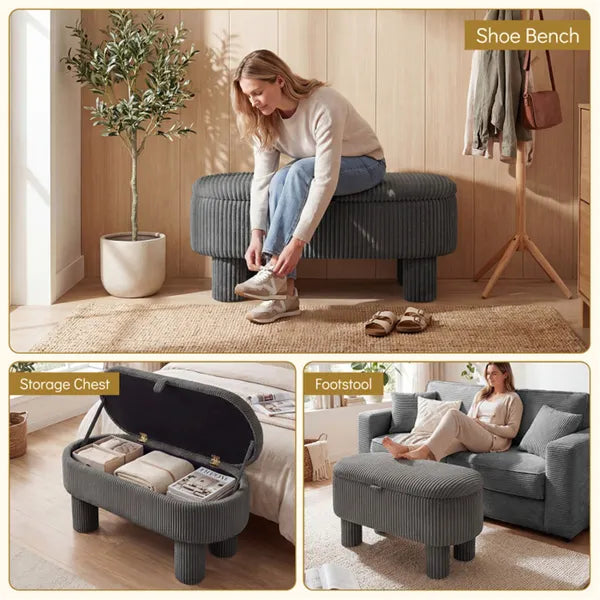 Gray 42 Inch Corduroy Storage Bench, Plush Foam Cushion & Hidden Compartment, 400LBS Seat Weight Capacity - view 4