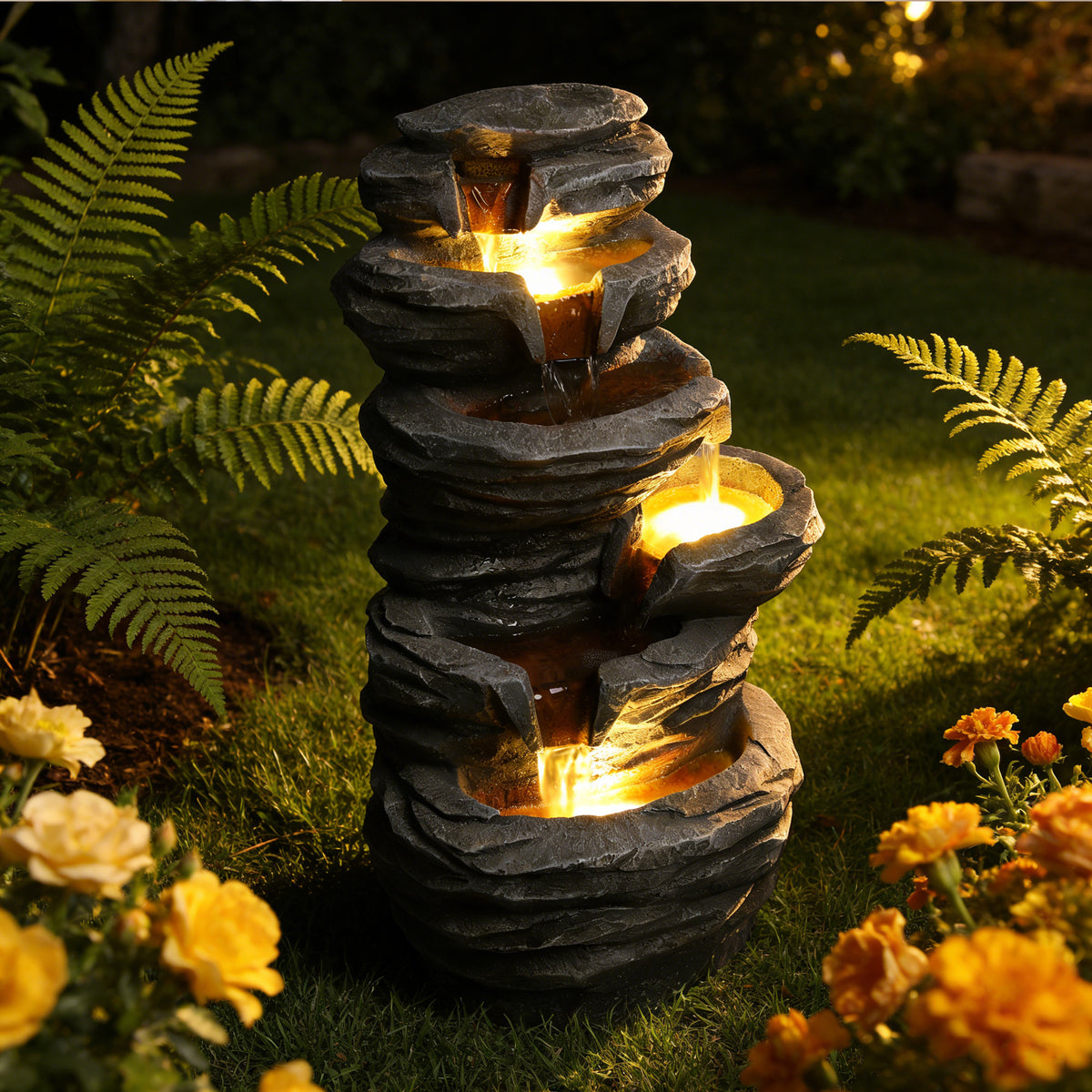 Outdoor Waterfall Fountain With Lights Stacked Rock Cascading Water Feature Resin Garden Decor For Patio Yard Porch - view 3