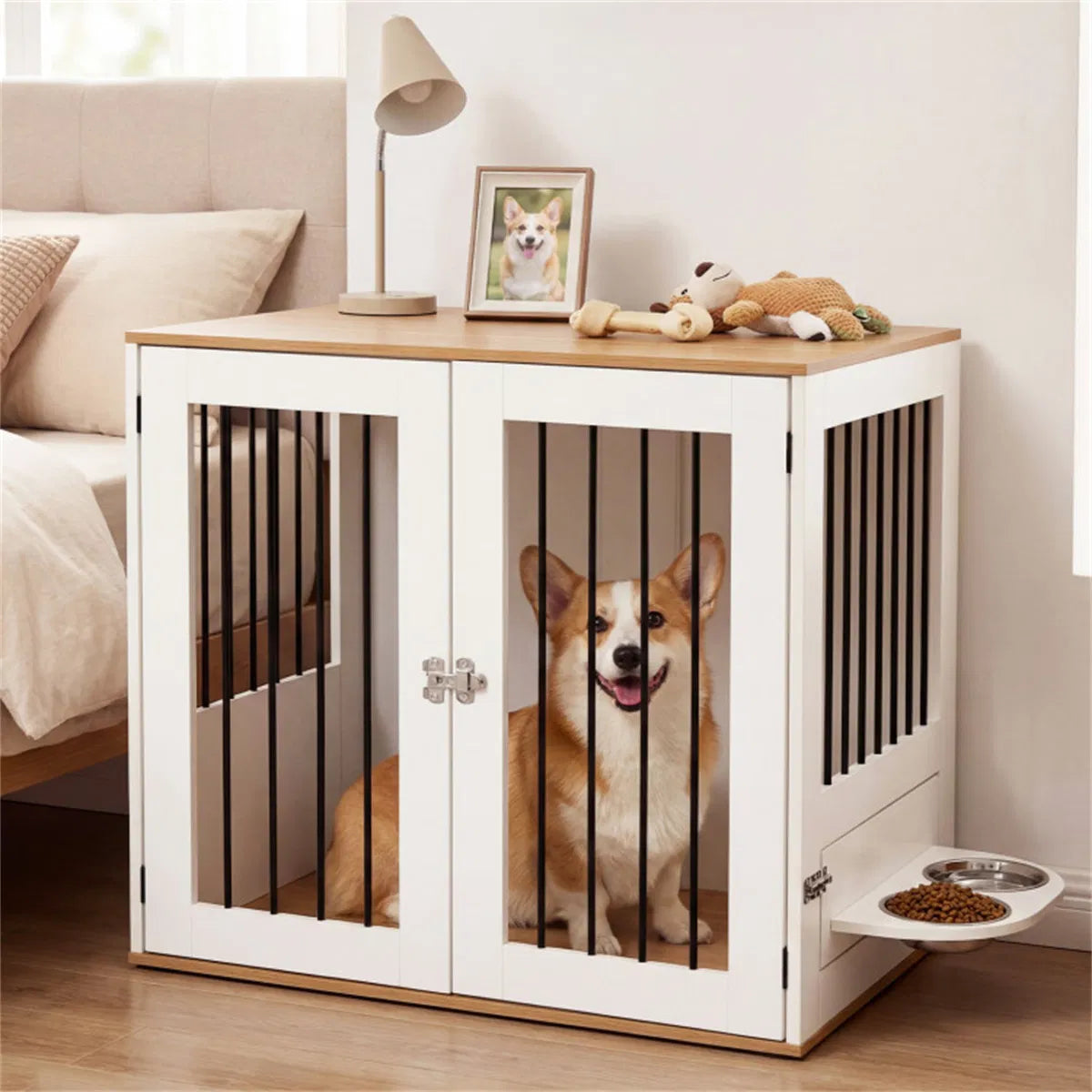 Furniture Style Dog Crate with 360° Rotating Feeder & 304 Stainless Steel Bowls, Double Locking Indoor Dog Kennel - view 10
