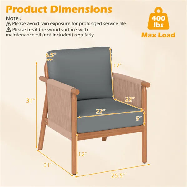 Gray Boho Patio Acacia Wood Chair With Woven Rope Armrests, Cushioned Outdoor Accent Chair For Porch Balcony - view 2