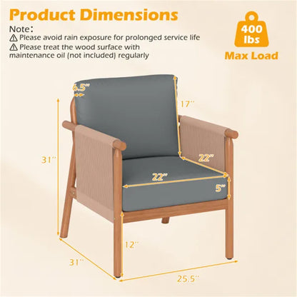 Gray Boho Patio Acacia Wood Chair With Woven Rope Armrests, Cushioned Outdoor Accent Chair For Porch Balcony - view 2