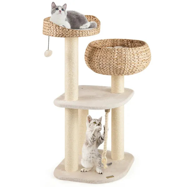 41 Inch Hand-Woven Water Hyacinth Cat Tree, 3 Sisal Scratching Posts Multi-Level Activity Center For Cats-White - view 3