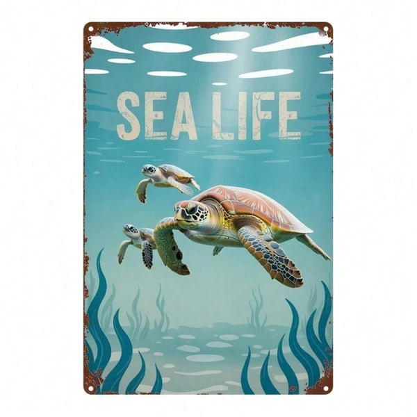 1pc 2D Metal Sea Turtle Wall Decor, 8x12 Inch Marine Life Tin Sign, Square Iron Hanging Art Poster For Home Bar Cafe