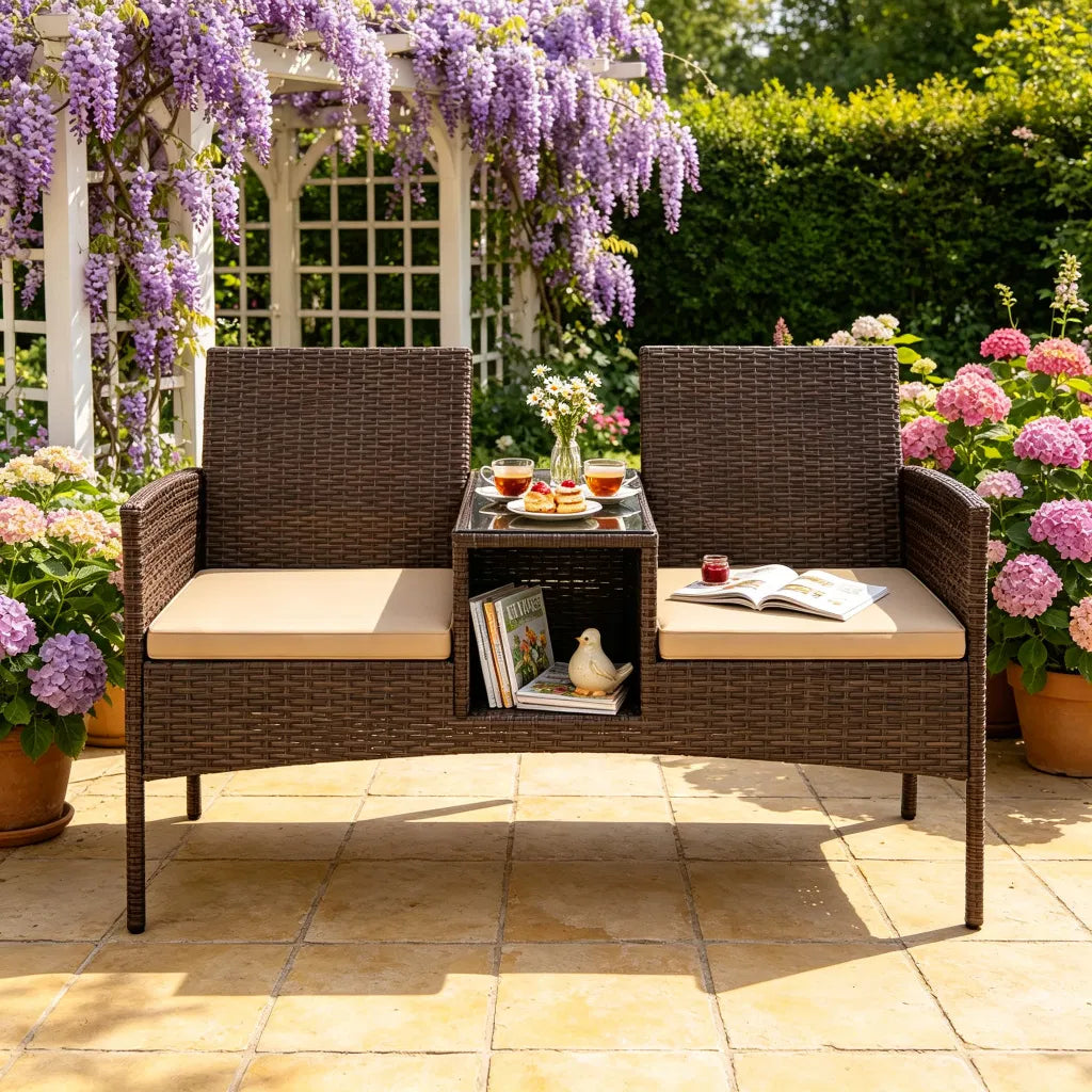 2-Seat PE Wicker Patio Loveseat Set, Outdoor Rattan Sofa with 2-Tier Tempered Glass Table - view 6