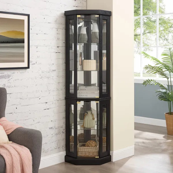 Lighted Corner Curio Cabinet - Display Case For Living Room, Antique Collectibles, Wine & Bar Glass Storage - view 4