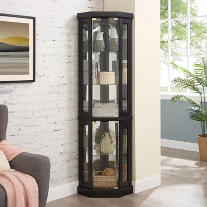 Lighted Corner Curio Cabinet - Display Case For Living Room, Antique Collectibles, Wine & Bar Glass Storage - view 4