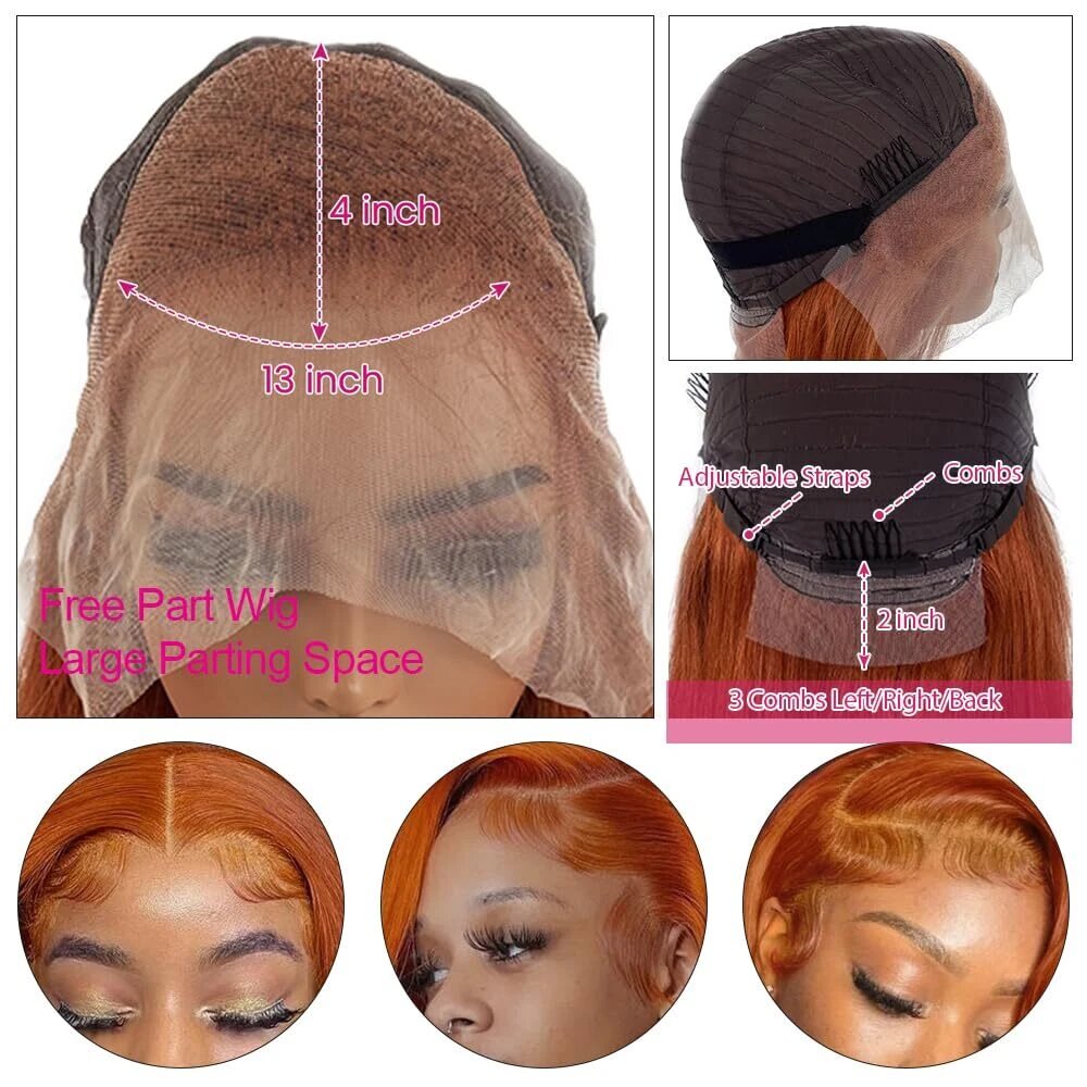 13x4 Straight Human Hair Lace Front Wig Ginger Yellow Density - view 4
