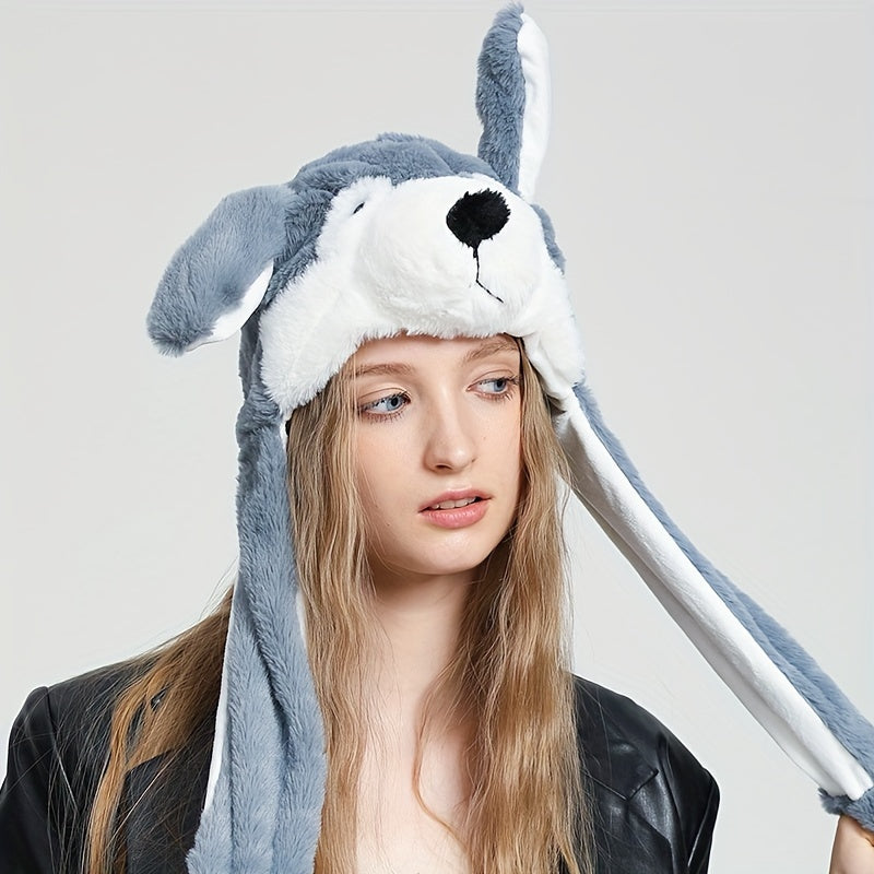 Cute Animal Moving Ear Hat Cute Panda Dog Frog Puppy Plush Hats Halloween Cosplay Party Earflap Hat For Women - view 7