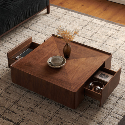 35.4-inch Coffee Table, Square Walnut Wood Design, Suitable For Living Room. Walnut Wood Material, Suitable For Bedroom