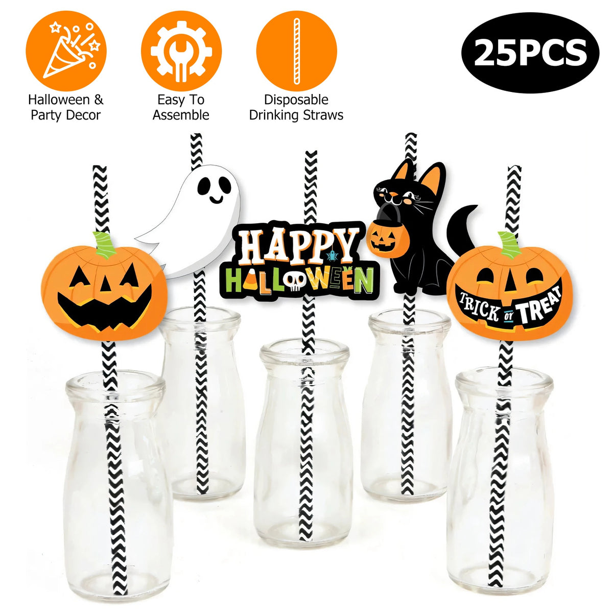Set Of 25Pcs Halloween Party Striped Decorative Straws Disposable Drinking Straws Paper Straw Decor Happy Halloween