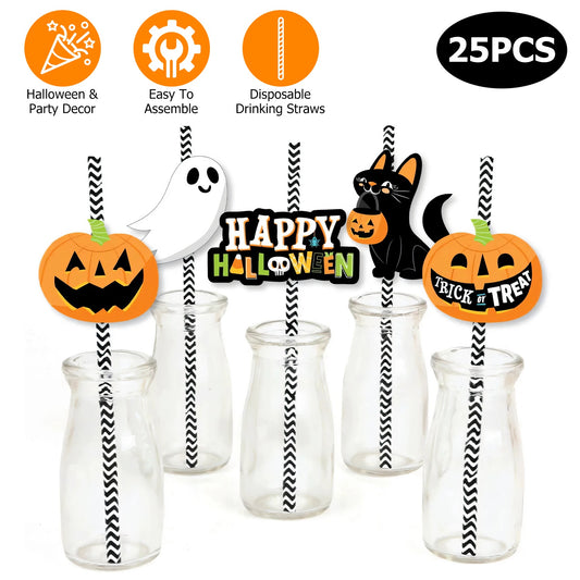 Set Of 25Pcs Halloween Party Striped Decorative Straws Disposable Drinking Straws Paper Straw Decor Happy Halloween