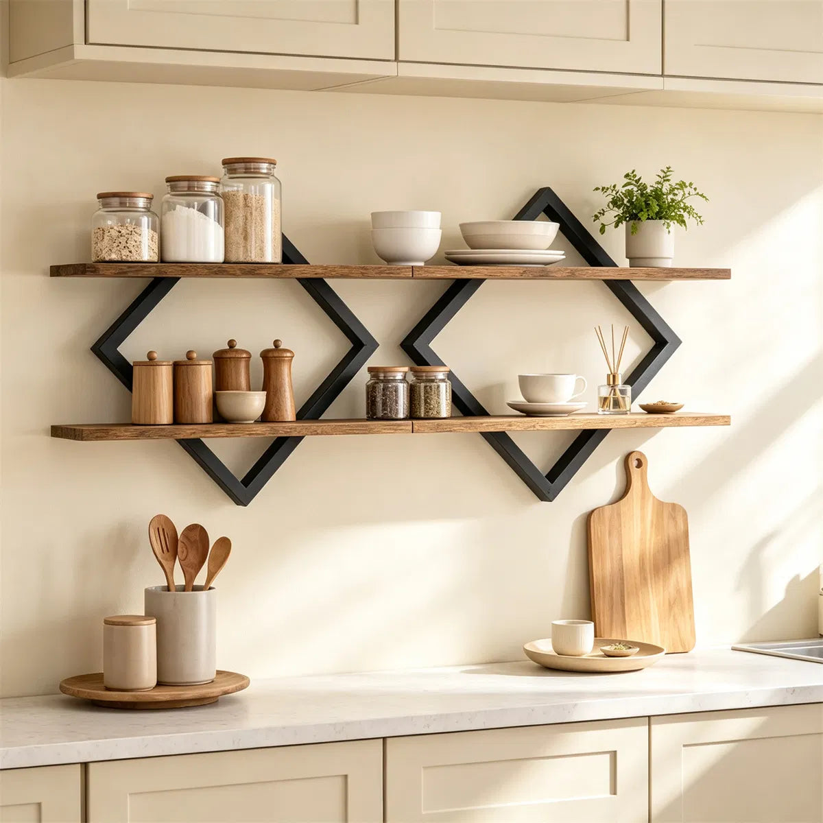 Black Rustic Brown 2Tier Floating Wall Shelves Set of 2, Diamond Metal Frame Wall Mounted Storage Shelves for Living - view 6