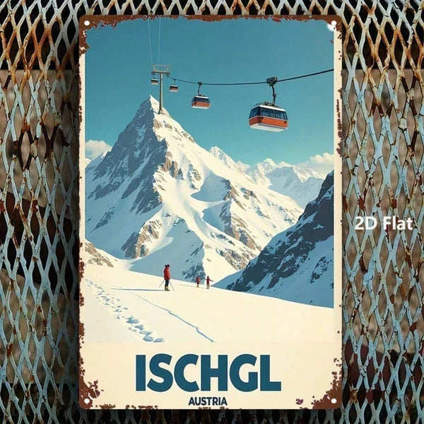 1pc 2D Flat Metal Sign Winter Ski Resort Ischgl Austria Snow Scene Tin Art Square Iron Hanging Painting - view 3