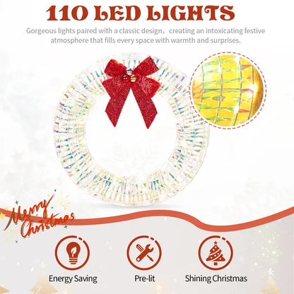 24in Pre-lit Iridescent Outdoor Christmas Wreath Decoration, Lighted Metal Wreath With Red Bow, Warm White LED Lights - view 4