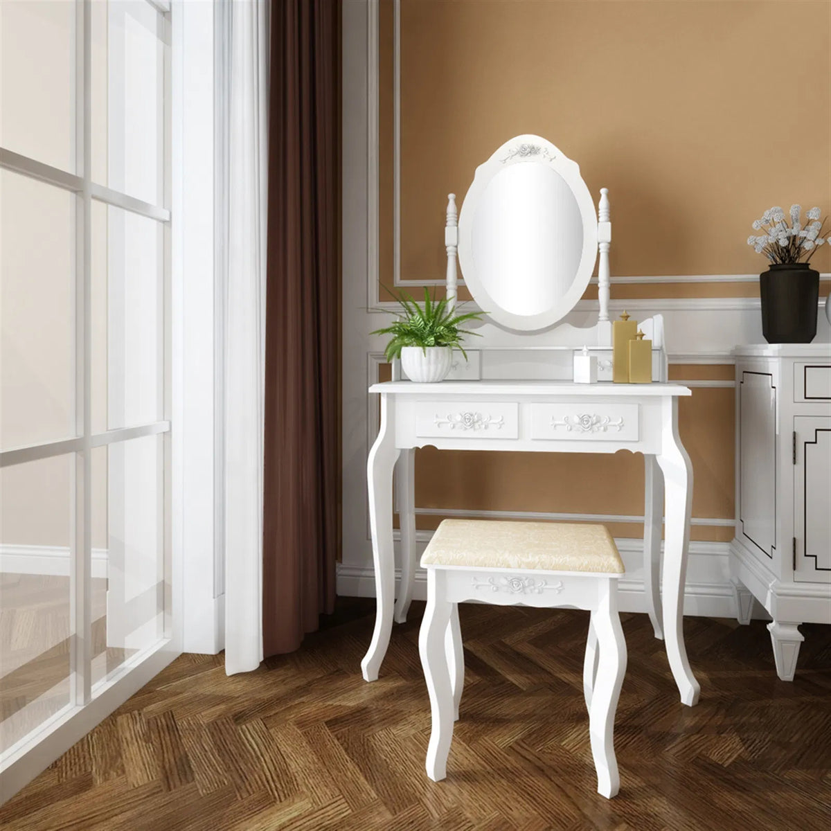 Modern Concise 4-Drawer 360-Degree Rotation Removable Mirror Dresser White =32759839 - view 4