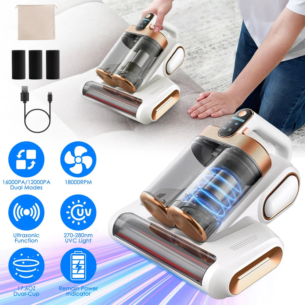 1Pc Mattress Vacuum Cleaner 16Kpa Bed Vacuum Cleaner Handheld Vacuums With Ultrasonic & UVC Light 18000 RPM Brushroll