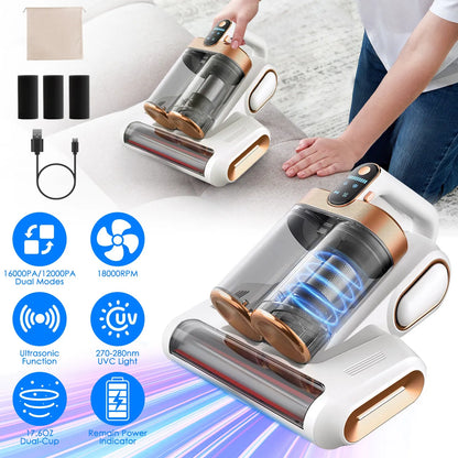 1Pc Mattress Vacuum Cleaner 16Kpa Bed Vacuum Cleaner Handheld Vacuums With Ultrasonic & UVC Light 18000 RPM Brushroll