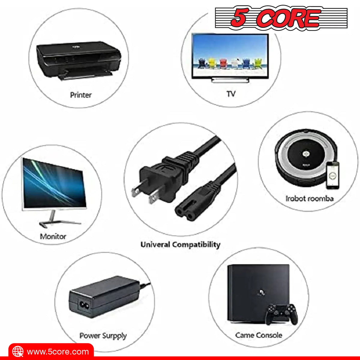 5 Core AC Power Cord 6 Ft ? 2 Prong US Male to Female Extension Adapter ? 16AWG/2C 125V 13A 1/2/5 Pc - PP 1001 - view 7
