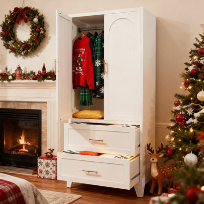 71inch Tall Metal Wardrobe Cabinet With 2 Drawers And Hanging Rod, 2 Doors Wardrobe Closet With Shelf For Bedroom