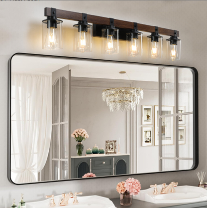 42 Inch Rustic 6-Light Vanity Light, Industrial Bathroom Wall Sconce With Glass Shades And Wood Accent - view 2