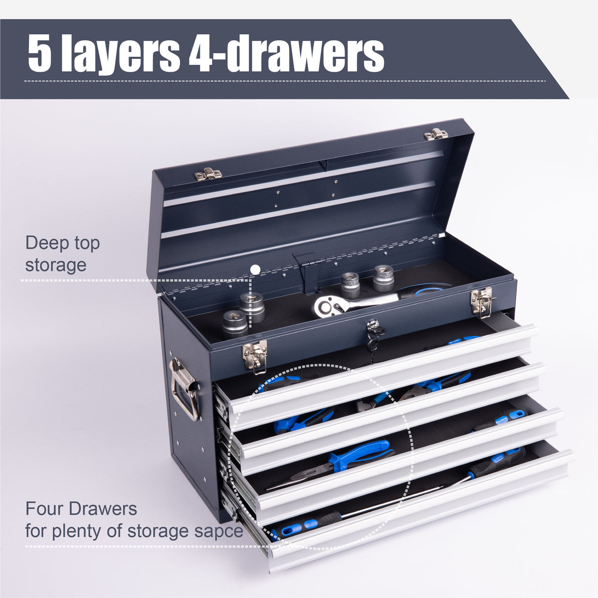 Heavy Duty Metal Tool Box, 21-inch, Portable Metal Tool Box With 4 Drawers, Small Tool Chest With EVA Liners - view 6