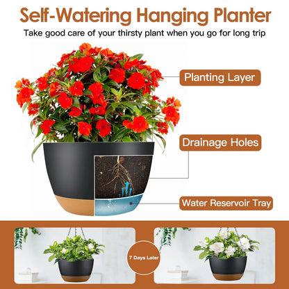 4Pcs 9.64In Diameter Hanging Planter With Drainage Holes Removable Self-Watering Tray Plastic Hanging Flower Plant Pots - view 9