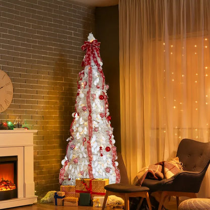 7 FT Fully Decorated Pre-lit Christmas Tree, Pop Up Artificial Xmas Tree With 170 Warm Lights And Red Ornaments - view 5